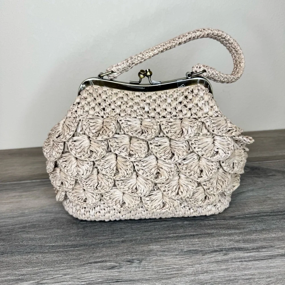 Patricia Nash Scalloped Raffia Collection Natural White Laureana Frame Satchel - Picture 2 of 16
